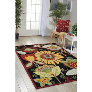 Folk Flowers Black 3 ft. x 4 ft. Moroccan Contemporary Kitchen Area Rug