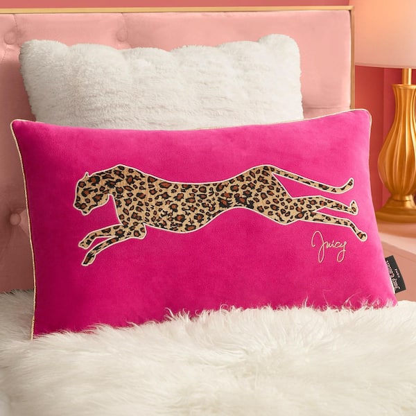 JUICY COUTURE Velvet Cheetah Hot Pink Animal Print Embroidered Polyester 14 in. x 24 in. Throw Pillow