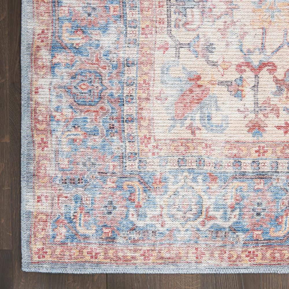 Machine Washable Blue and Multicolor Floral Runner Rug