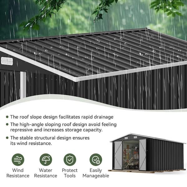 Sizzim 12 ft. W x 10 ft. D Outdoor Black Metal Storage Shed with 4