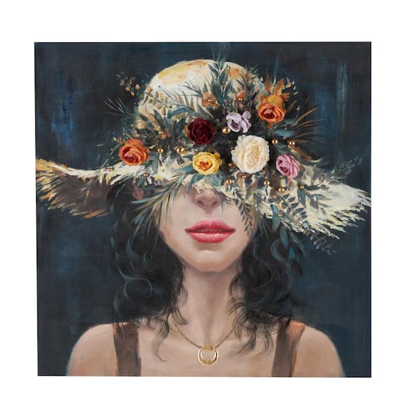 Litton Lane Framed Woman Art Print with 3D Multicolor Flowers and Gold Jewels 40 in. x 40 in.