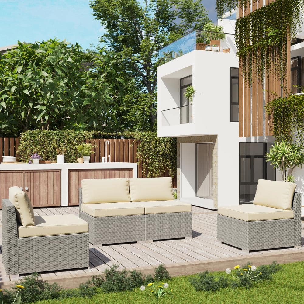 Gardenbee 4-Piece Wicker Outdoor Patio Sectional Sofa Conversation Set ...
