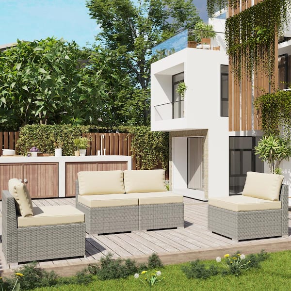 Gardenbee 4-Piece Wicker Outdoor Patio Sectional Sofa Conversation Set with Beige Cushions