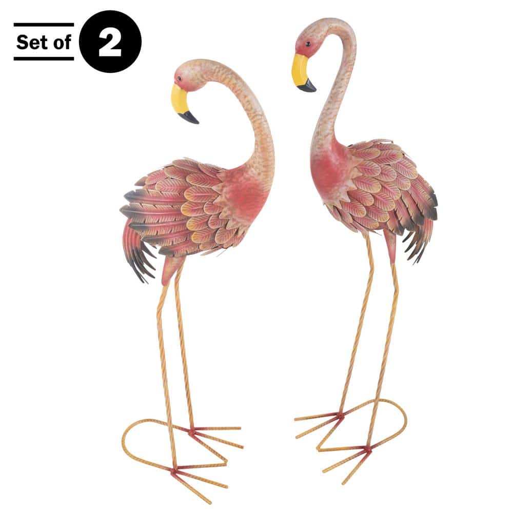31 in. Hand-Painted Pink Metal Flamingo Garden Statues