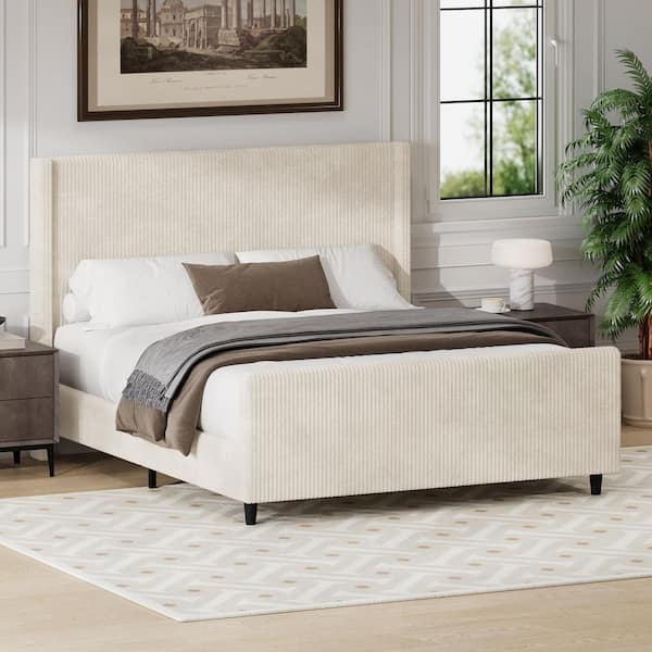 Harper & Bright Designs Cream (White) Wood Frame Queen Size Corduroy Upholstered Platform Bed with High Wingback Headboard, Extra Support Legs