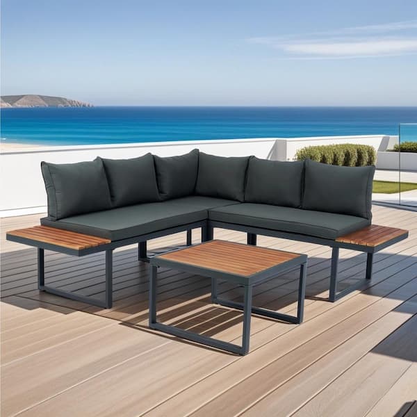 Harper & Bright Designs 4-Piece L-Shaped Wicker Outdoor Sectional Set with Dark Gray Cushions and Built-in Side Tables