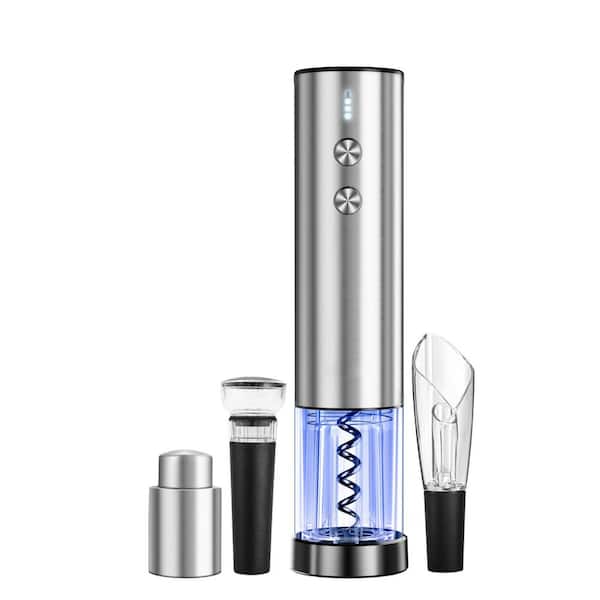 Silver Electric Wine Opener Set, Include Wine Opener, Foil Cutter, Wine Aerator, Vacuum Stopper, and Elegant Gift Box
