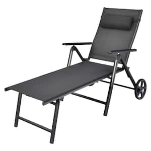 Gray Folding Outdoor Lounge Chair Patio Portable Longer with Wheels and Adjustable Backrest