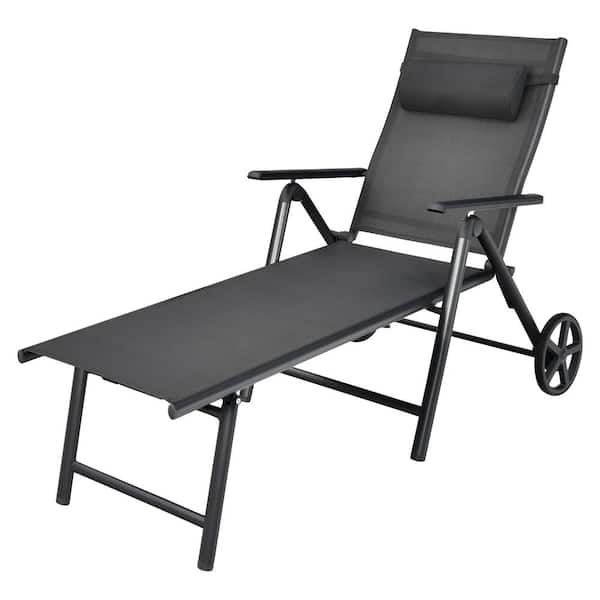 HONEY JOY Gray Folding Outdoor Lounge Chair Patio Portable Longer with Wheels and Adjustable Backrest