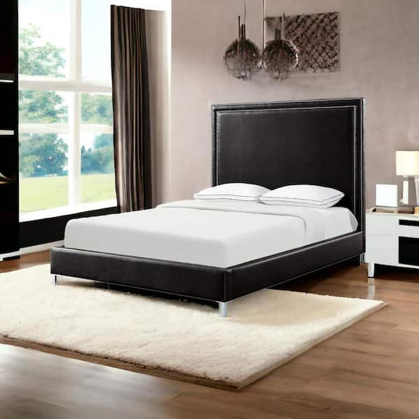 HomeRoots Black Wood Frame Queen Panel Bed with Nailhead Trim Upholstered