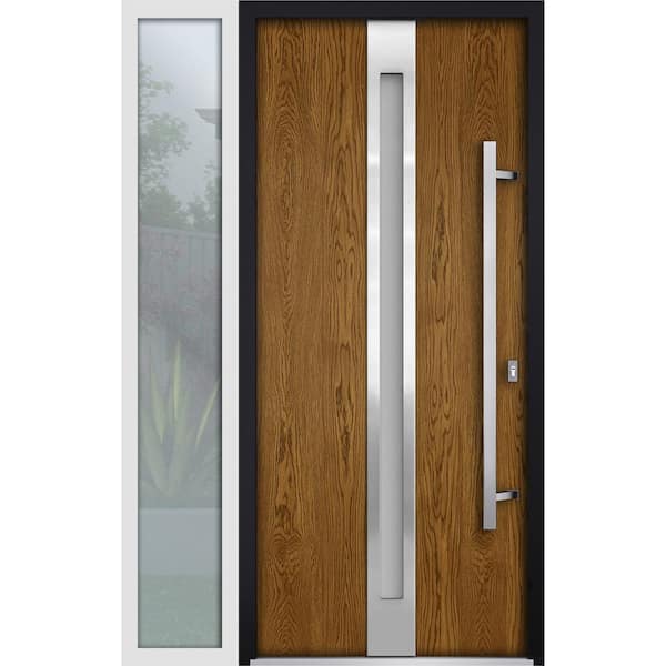 VDOMDOORS 52 in. x 80 in. Left-Hand/Inswing Sidelight Frosted Glass Natural Oak Steel Prehung Front Door with Hardware