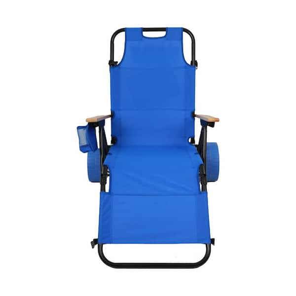 Unbranded Black Iron Steel Foldable Ourdoor Lounge Chair, 2 in 1 Bench Cart Chairs with Light Blue Seat, Wheels for Pool, Picnic