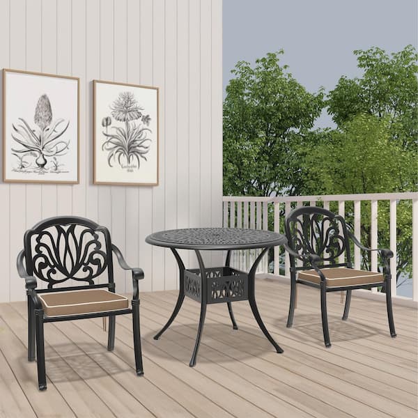 Willit Elizabeth Black 3-Piece Cast Aluminum Outdoor Dining Set with Round Table, Dining Chairs and Random Color Seat Cushion