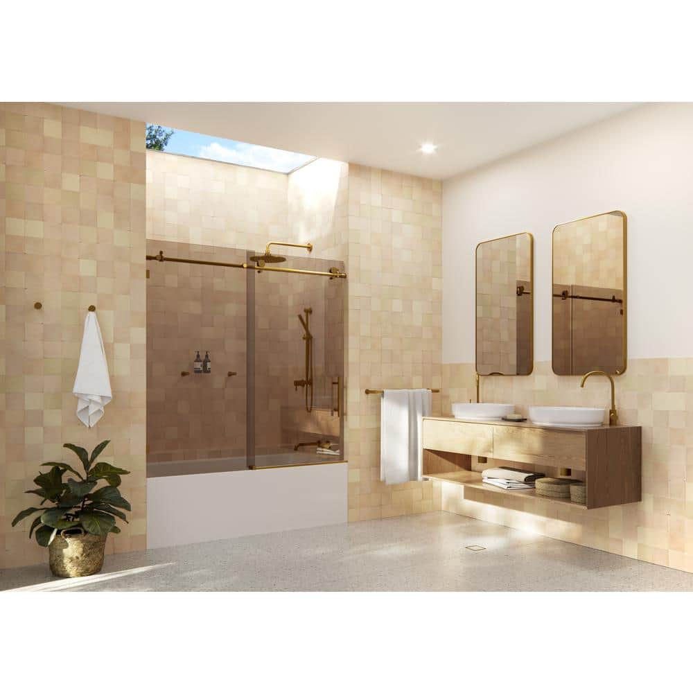 Equinox 60" Frameless Bronze Tinted Sliding Bathtub Door with Brass Finish
