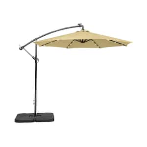 Bayshore 10 ft. Outdoor Patio Crank Lift LED Solar Powered Cantilever Umbrella with 4-Piece Base Weights in Beige