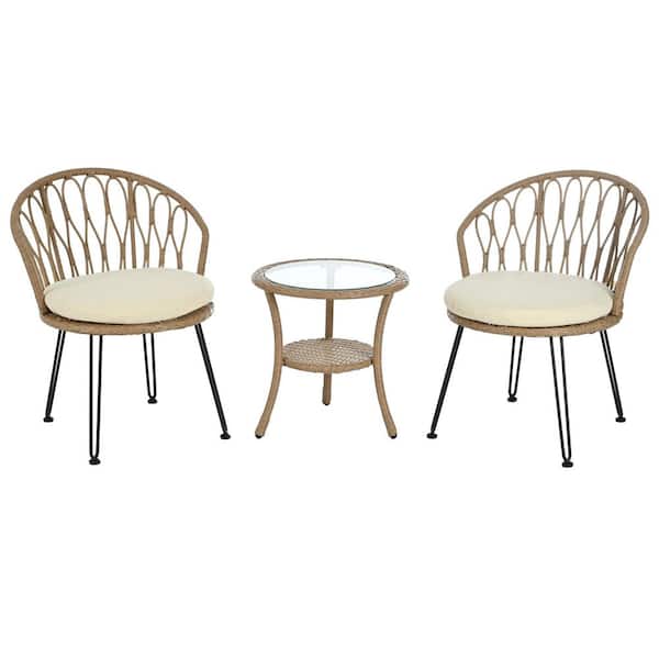 maocao hoom Outdoor Leisure Set, 2 Rattan Single Chairs with Glass Round Table for Patios, Balconies, and Courtyards, Beige+Natural