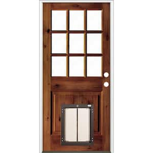 36 in. x 80 in. Left-Hand 9 Lite Clear Glass Red Chestnut Stained Wood Prehung Door with Large Dog Door