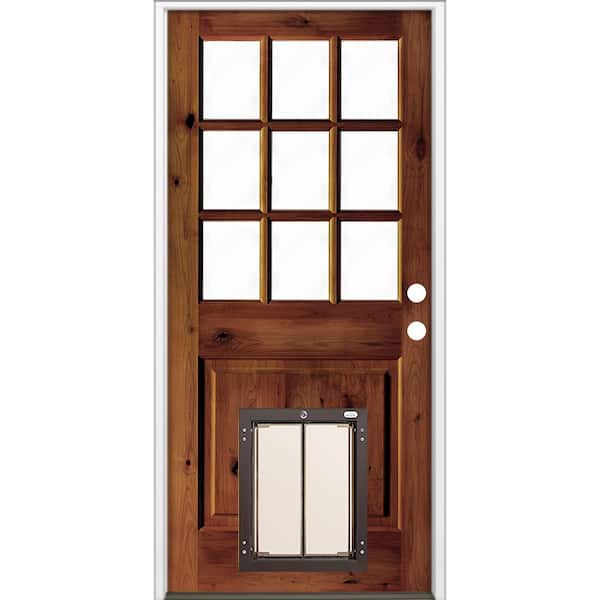 36 in. x 80 in. Left-Hand 9 Lite Clear Glass Red Chestnut Stained Wood Prehung Door with Large Dog Door