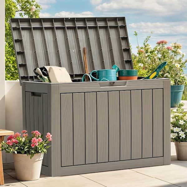 45 gal. Deck Box, Outdoor Resin Storage Bench Toy Box, Patio Pool Furniture Cushion Storage Waterproof, Taupe