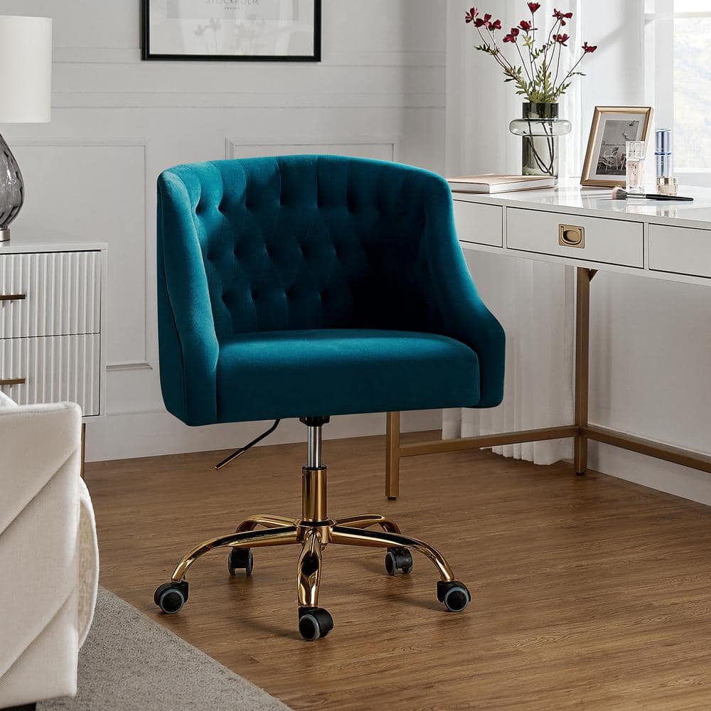Teal Velvet Swivel Task Chair with Gold Metal Legs