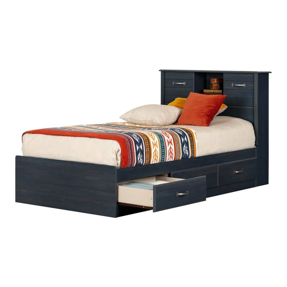 Twin Blueberry Oak Platform Bed with Storage and Headboard