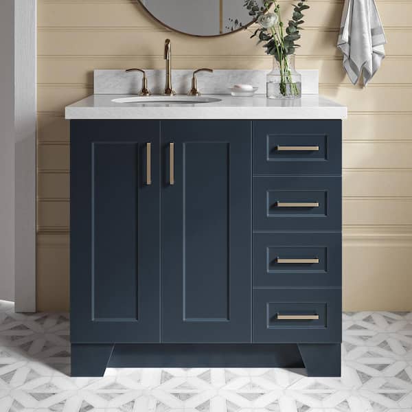 ARIEL Taylor 37 in. W x 22 in. D x 36 in. H Freestanding Bath Vanity in Midnight Blue with Carrara White Marble Top