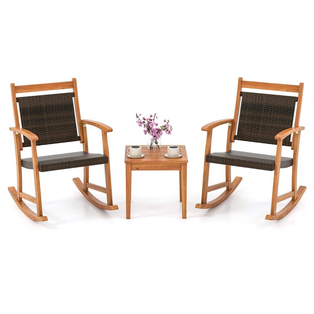 Mix Brown and Natural Acacia Wood Outdoor Rocking Chair Bistro Set