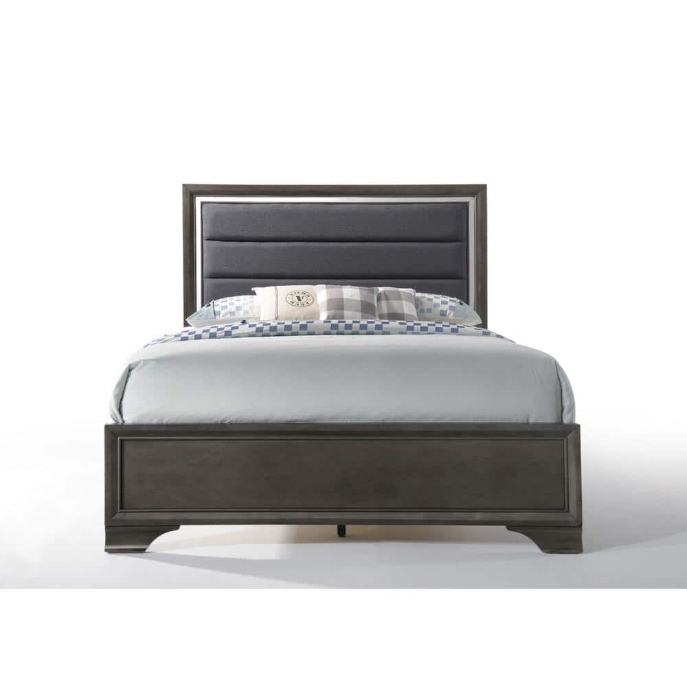 King Gray Upholstered Wood Frame Bed with Tufted Headboard
