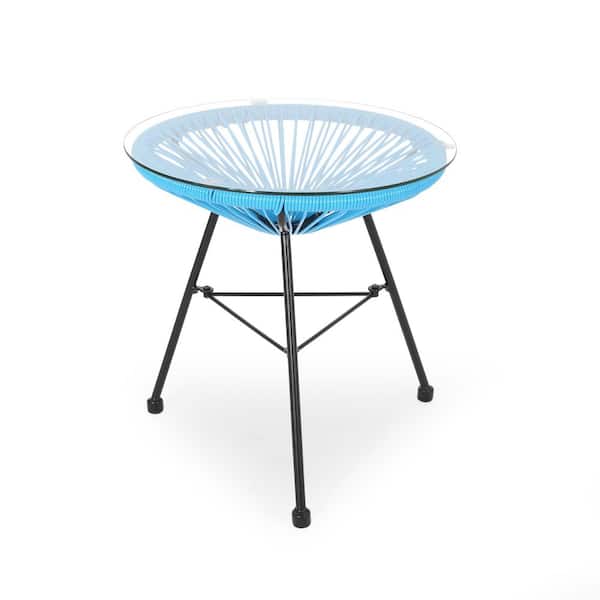 17.75'' Blue Rattan and Metal Round Outdoor Side Table with Tempered Glass Tabletop