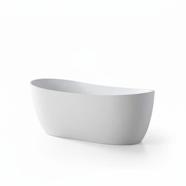 55 in. x 27.56 in. Solid Surface Stone Flatbottom Freestanding Soaking Bathtub with Right Drain in White