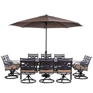 Montclair 11-Piece Steel Outdoor Dining Set with Tan Cushions, 10 Swivel Rockers, 60 in. x 84 in. Table and Umbrella