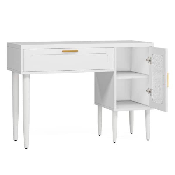 BYBLIGHT Helotes 1-Piece White Makeup Vanity Desk with Large Drawer and 2-Tier Storage Cabinet