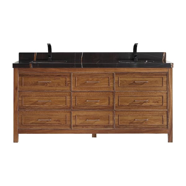 Luxury Ebony Series 72 in. 1 Freestanding Light Brown Finish Bath Vanity with 2 in. Black Natural Marble Top Assembled