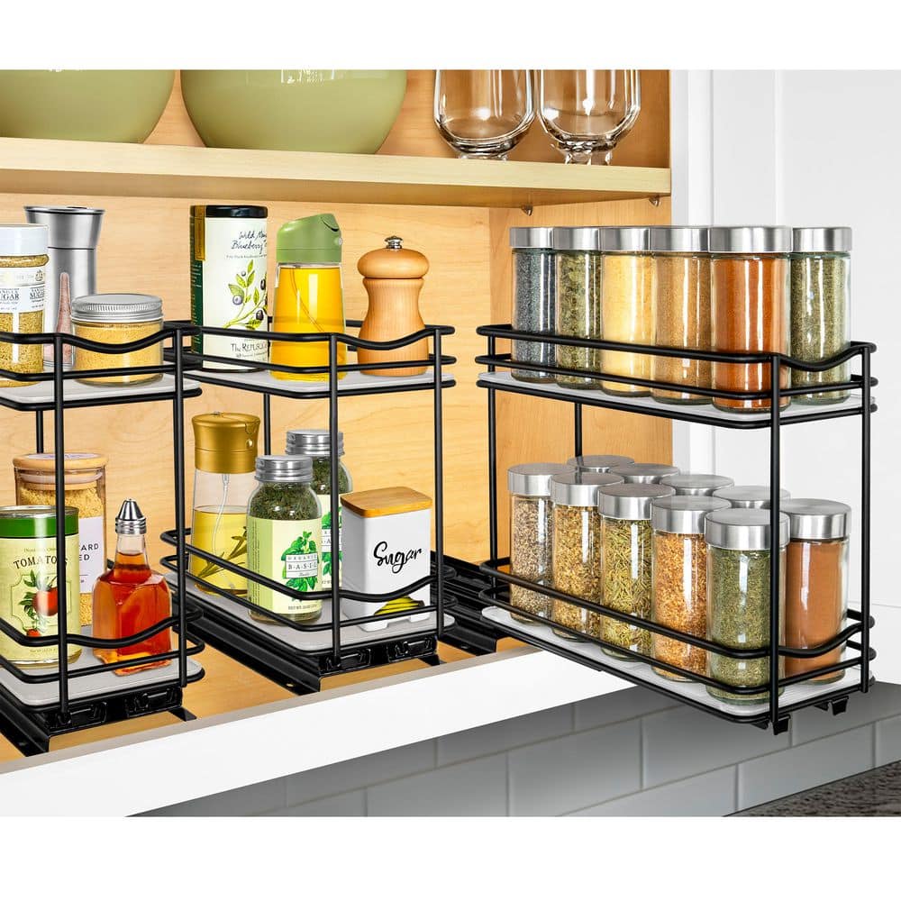 Black Powder-Coated Steel 2-Tier Pull Out Spice Rack Organizer