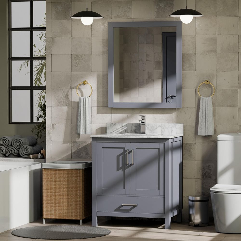 Jacques 30 in. W x 22 in. D Dark Grey Bath Vanity, Carrara Marble Top, Faucet Set, and 28 in. Mirror price history on PriceWatchPro
