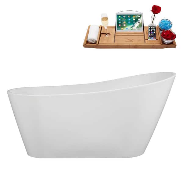 Streamline 60 in. x 29 in. Acrylic Freestanding Soaking Bathtub in Glossy White With Matte Oil Rubbed Bronze Drain, Bamboo Tray