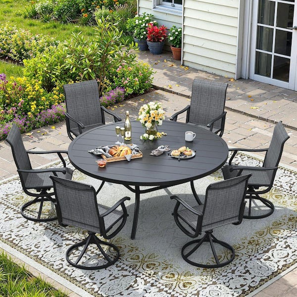 7-Piece Metal Patio Dining Set with Black Round Dining Table and 6 Dark Grey Textilene Swivel Dining Chairs