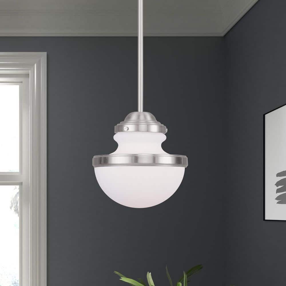 Oldwick Mini Hand Blown Satin Opal Glass Pendant Light in Brushed Nickel