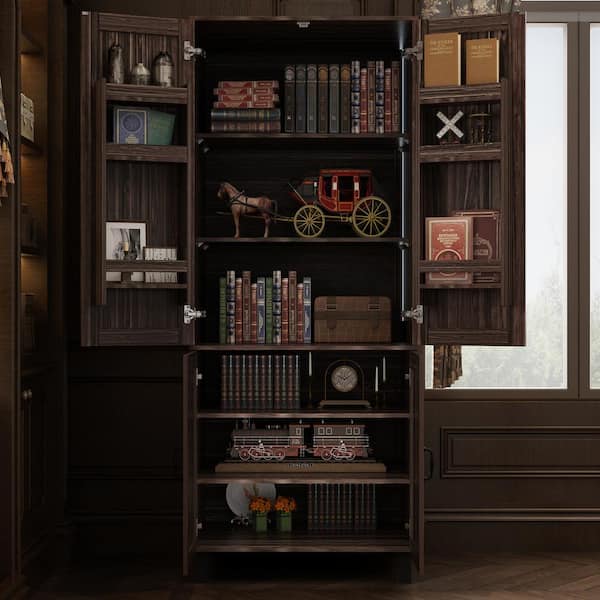 Dark Brown Wood Standard Bookcase Bookshelf with 4 Doors Side Cabinets 31.5 in. Wide x 78.7 in. Height