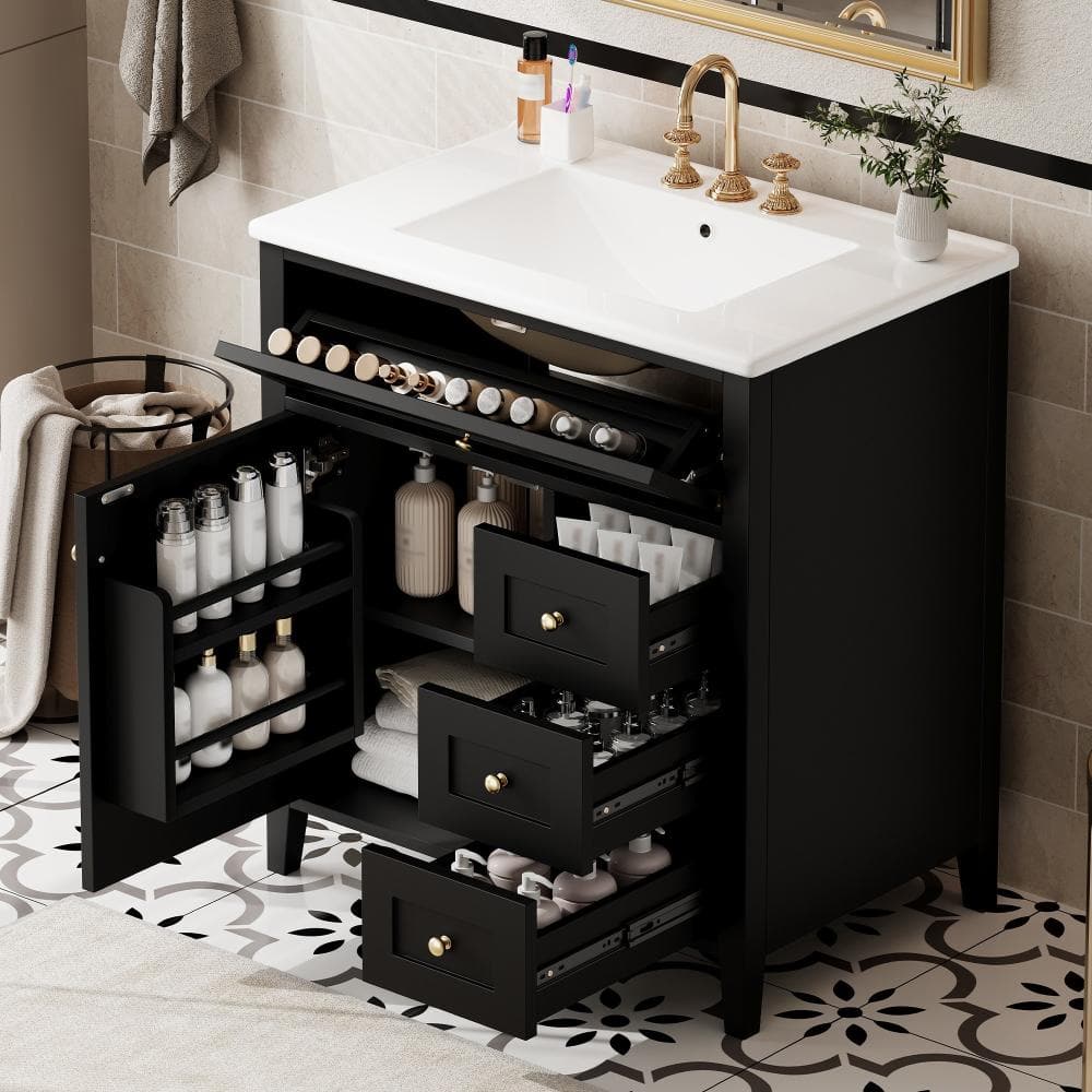 30 in.Single Sink Black Freestanding Bathroom Vanity,White Ceramic Top,Soft-Close Door,4 Drawers,Adjustable Shelf