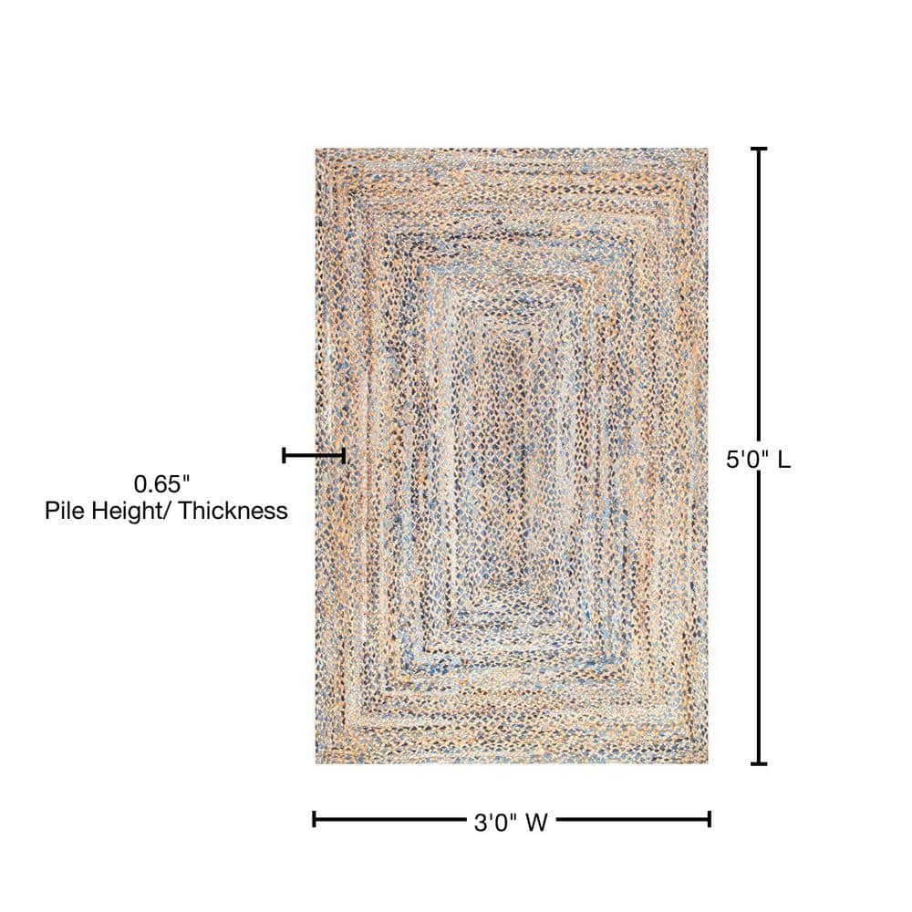Handmade Blue and Beige Braided Cotton Rectangular Rug