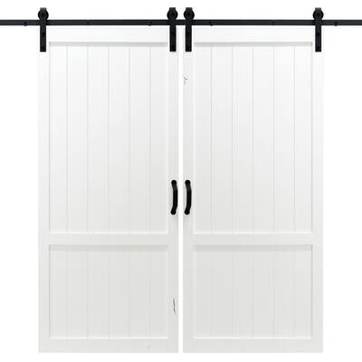 36 in. x 84 in. Country Vintage White Double Sliding Barn Door with Hardware Kit