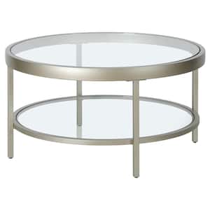 Alexis 32 in. Satin Nickel Round Glass Top Coffee Table with Shelf