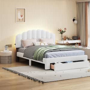 White Teddy Fleece Wood Frame Queen Size Upholstered Platform Bed with Large Drawer, LED Lights and USB Ports