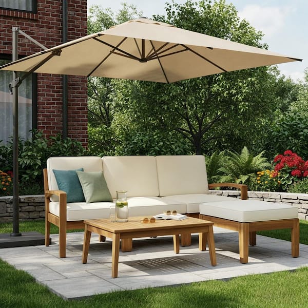 3-piece Acacia Wood and Metal Outdoor Patio Sofa Set with white Cushions