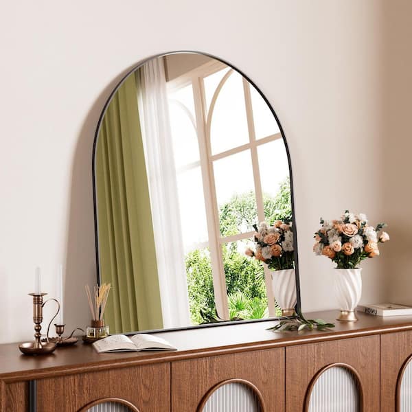 Black 30 in W x 34 in. H Modern Arched Metal Wall Mirror for Living Room Bedroom Mantel Entryway Hallways