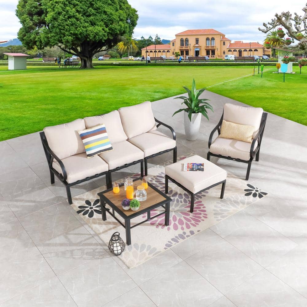 Patio Festival 6-Piece Metal Patio Conversation Set with Beige Cushions ...
