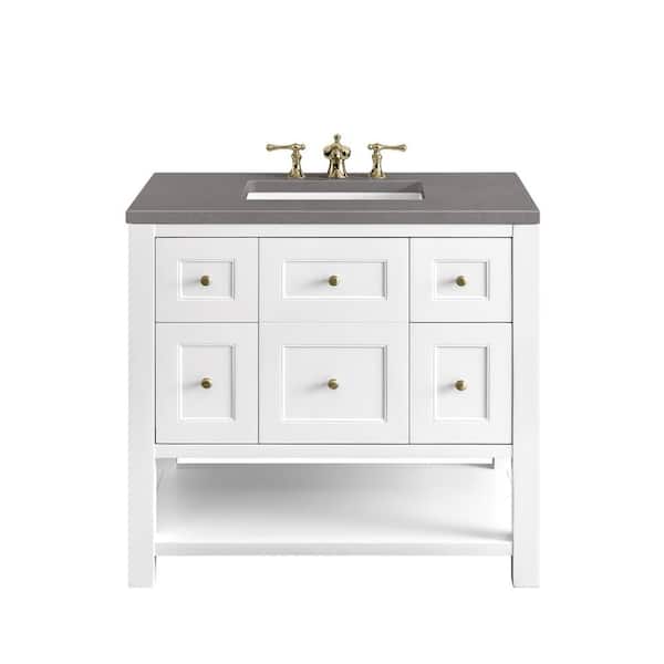 James Martin Vanities Breckenridge 36.0 in. W x 23.5 in. D x 34.2 in. H Bathroom Vanity in Bright White with Grey Expo Quartz Top