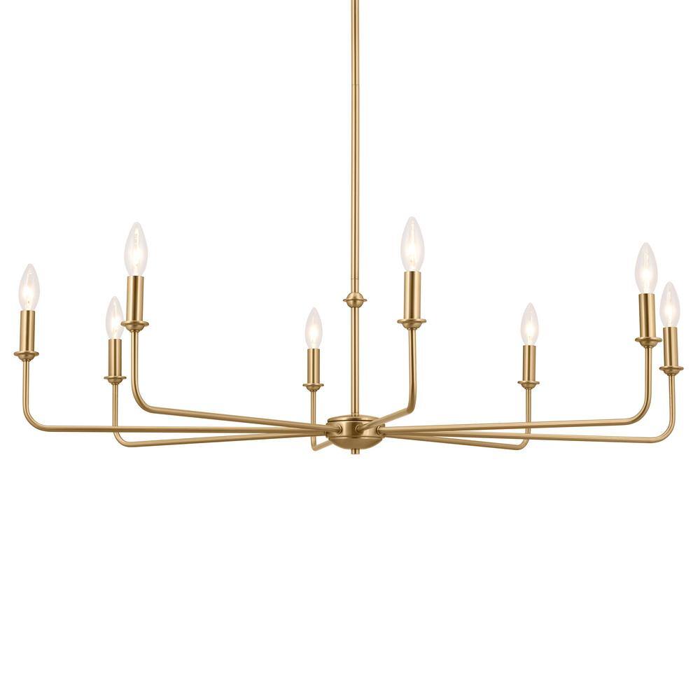 Brushed Natural Brass 8-Light Chandelier with White Linen Shades