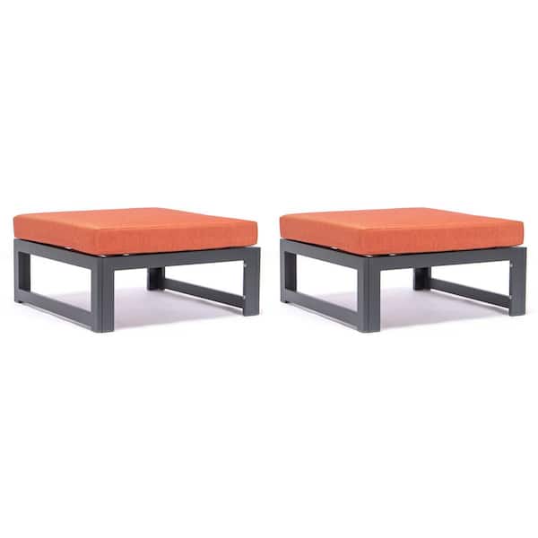 Leisuremod Chelsea Metal Outdoor Ottoman with Orange Cushion (2-Pack)